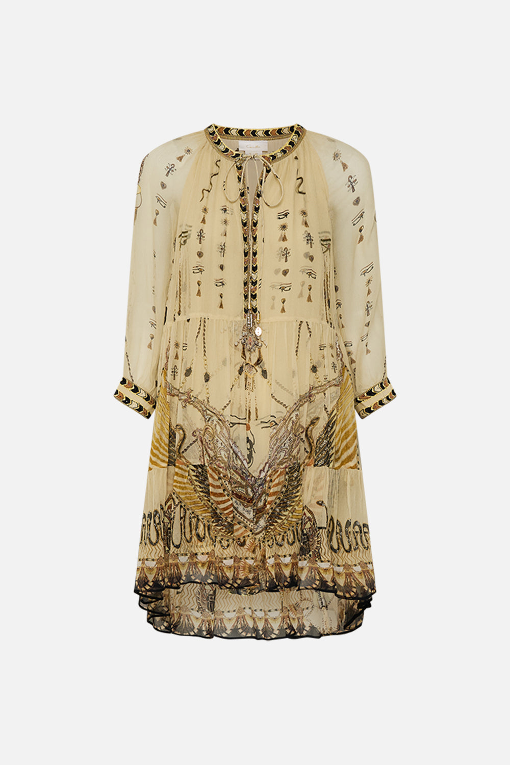 CAMILLA Gold Short Gathered Panel Dress in Gateway to the Afterlife Print