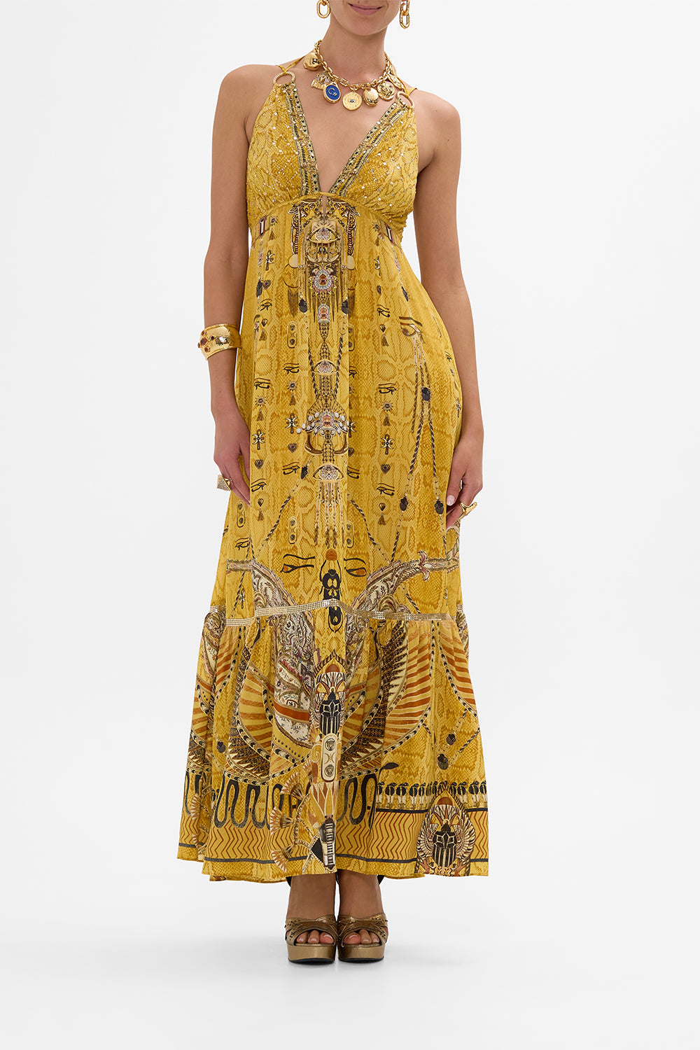 CAMILLA Gold Tiered Dress with Hardware in Valley of the Kings Print