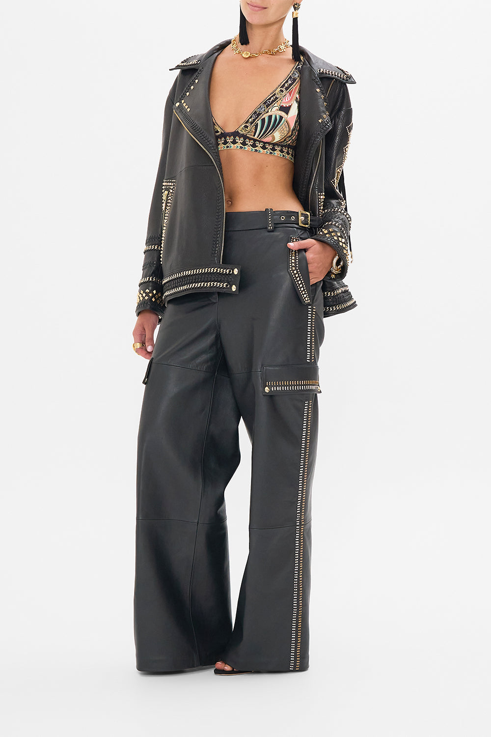 CAMILLA Black Leather Utility Pant in They Called Her Nefertari print