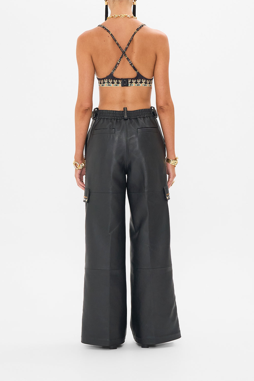 CAMILLA Black Leather Utility Pant in They Called Her Nefertari print