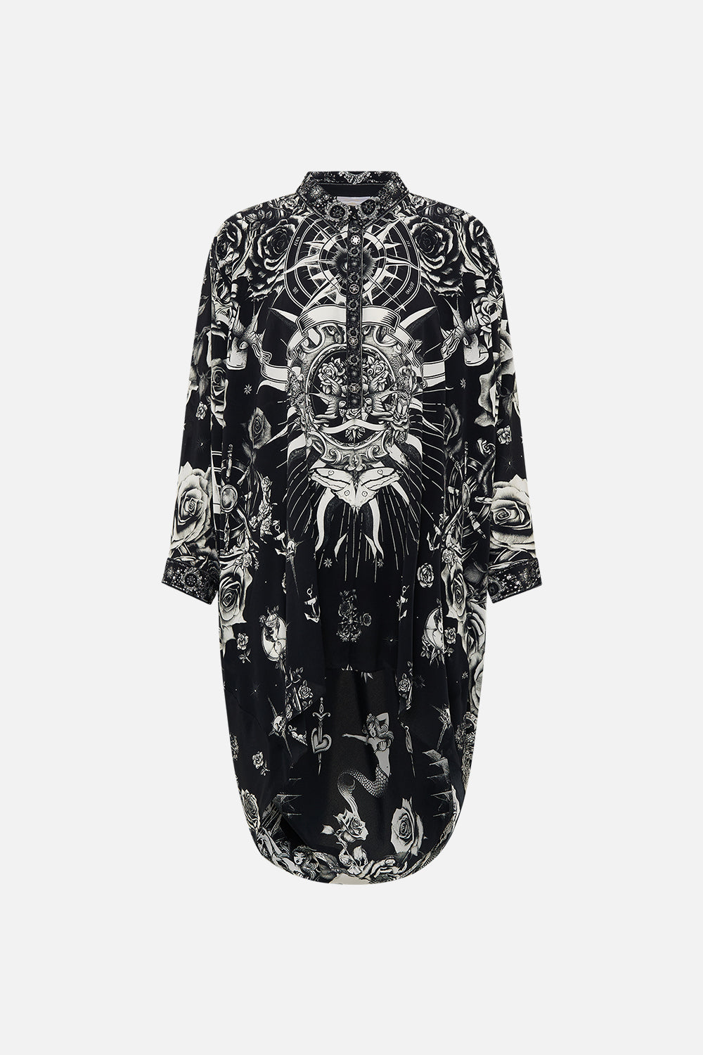 BUTTON UP TOP WITH DRAPED BACK TALES OF TATTOO