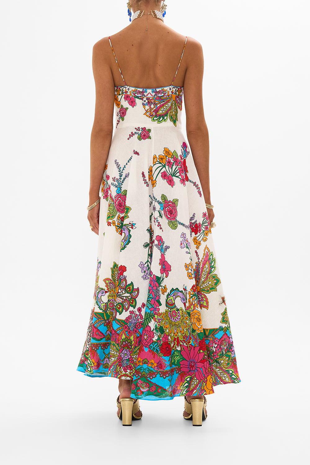 CAMILLA retro floral long dress with tie-front in Cosmic Prairie print.