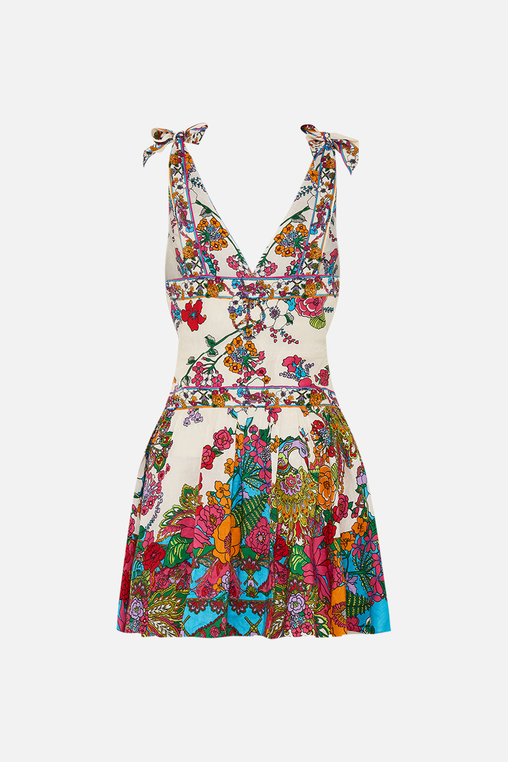 CAMILLA retro floral tie shoulder short dress in Cosmic Prairie print.