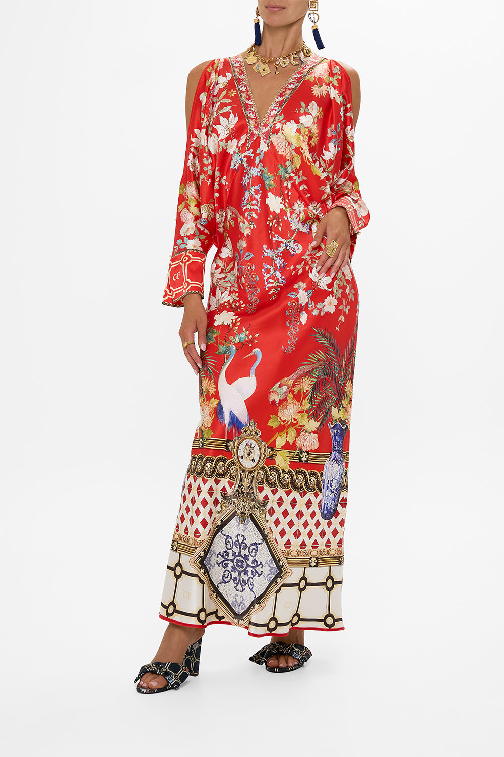 PLUNGE NECK DRAPED SHOULDER DRESS LISBOA LUXE