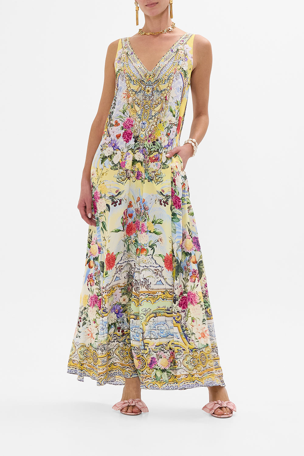 CAMILLA V Neck Flared Jumpsuit in Flor Fantástica print