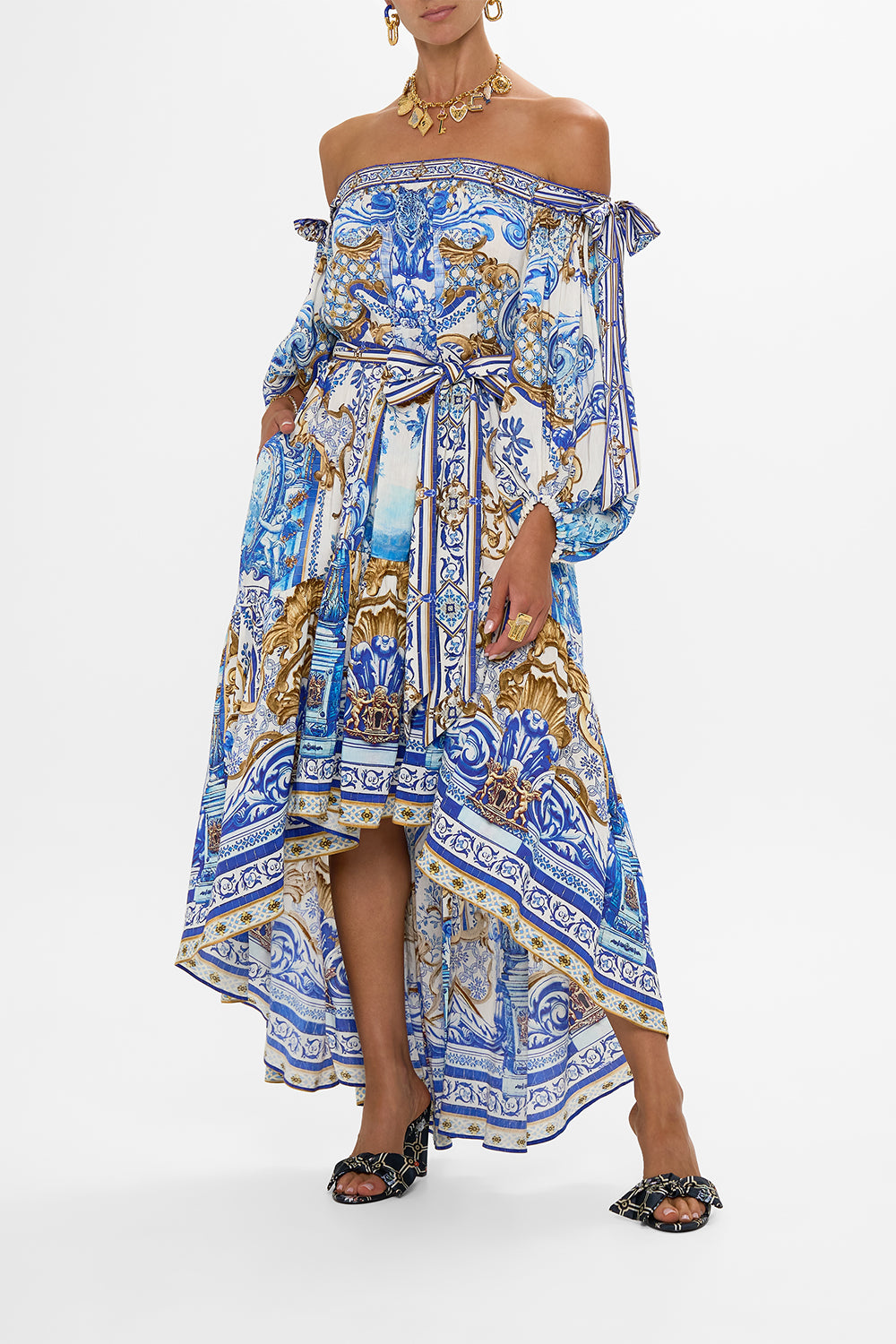 CAMILLA Bow Sleeve Maxi Dress in Azul Adventures print