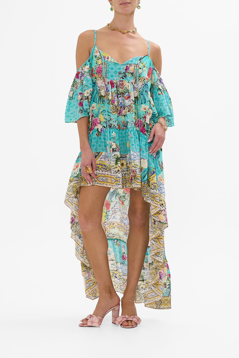 CAMILLA Cold Shoulder High Low Dress in Gardens Of Queluz print