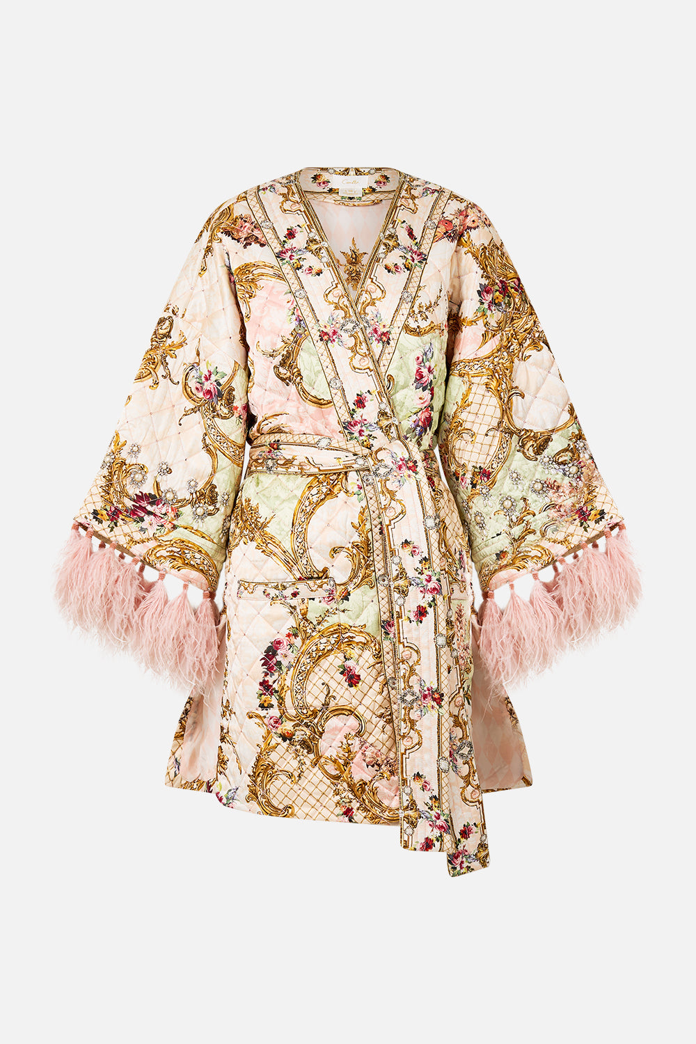 LAYER WITH TIE BELT AND FEATHERS THE QUEENS QUARTERS