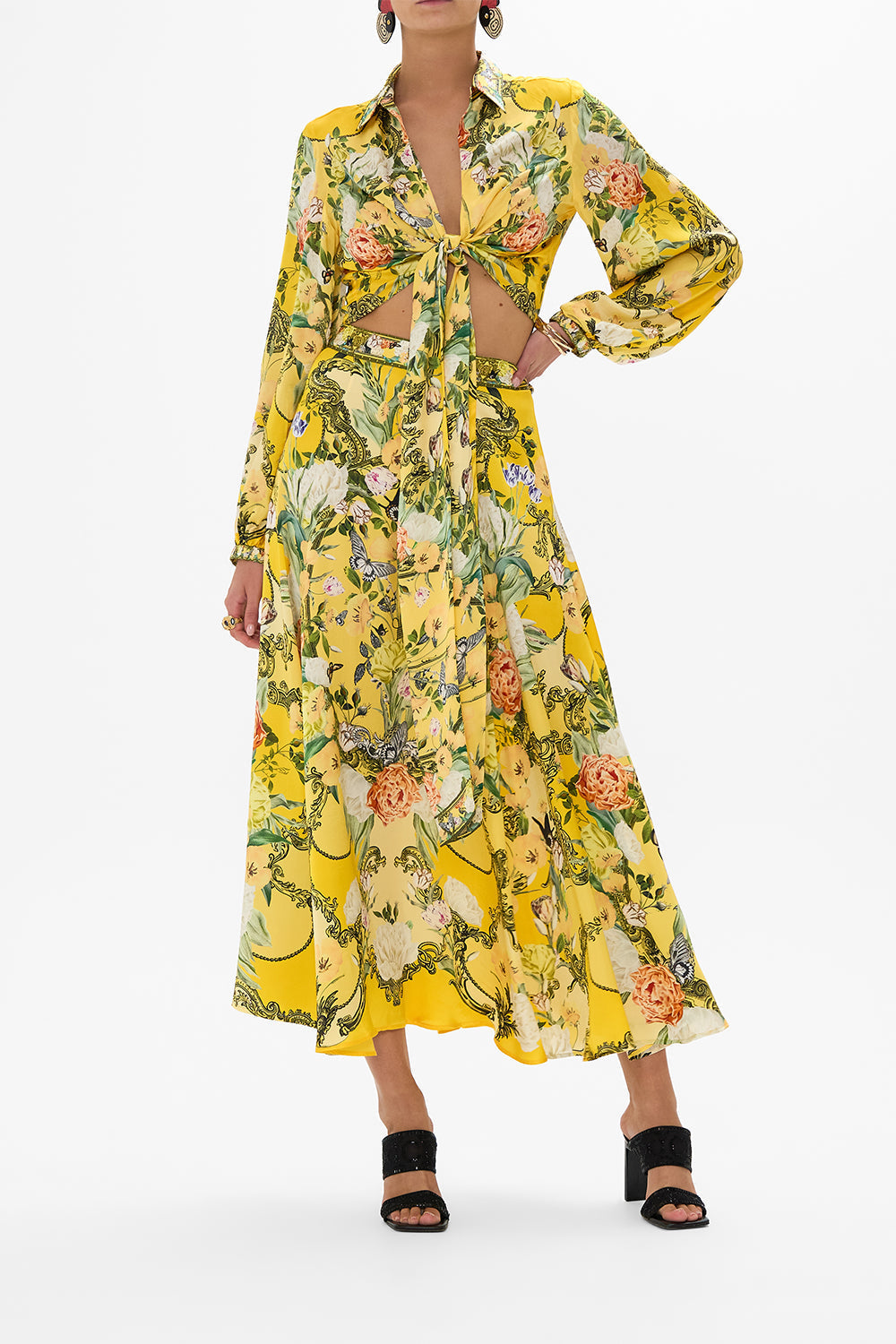 CAMILLA gold cropped wrap shirt in Paths Of Gold print.