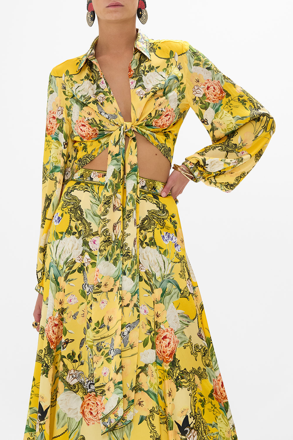 CAMILLA gold cropped wrap shirt in Paths Of Gold print.