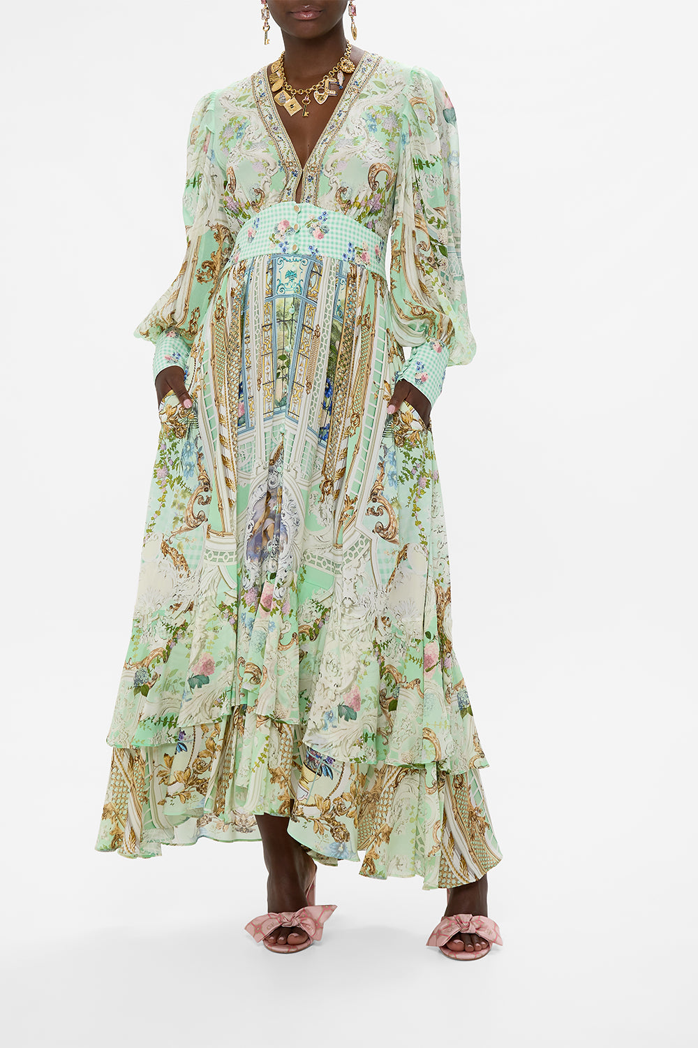 CAMILLA Long Button Front Dress in Pestana Panorama print