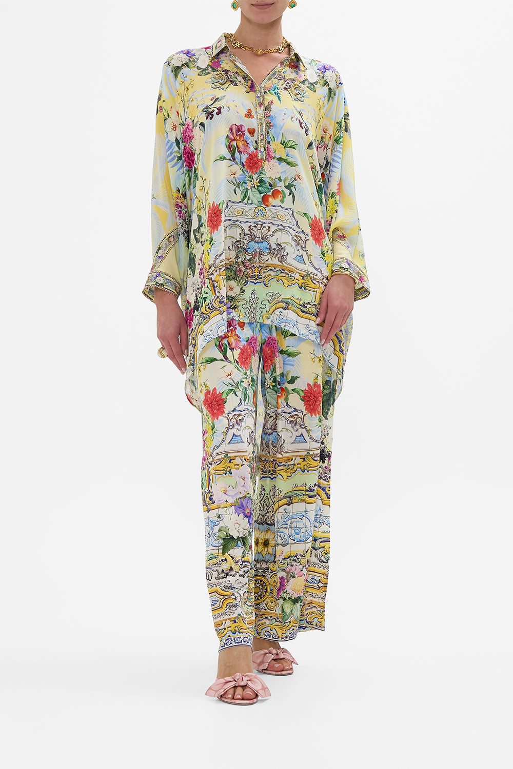 CAMILLA Button Up Top With Draped Back in Flor Fantástica print