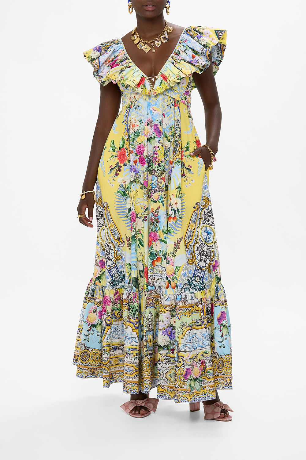 CAMILLA Frill Neck Dress With Hardware in Flor Fantástica print