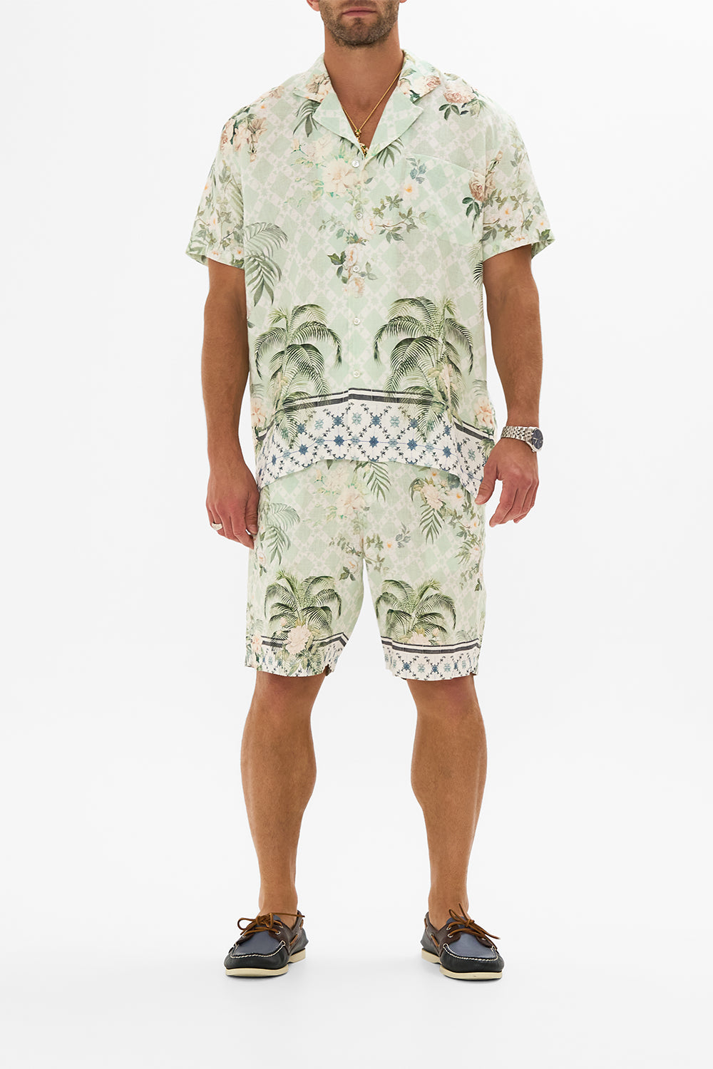 CAMILLA Relaxed Fit Short Sleeve Camp Collared Shirt in Jardim Party print