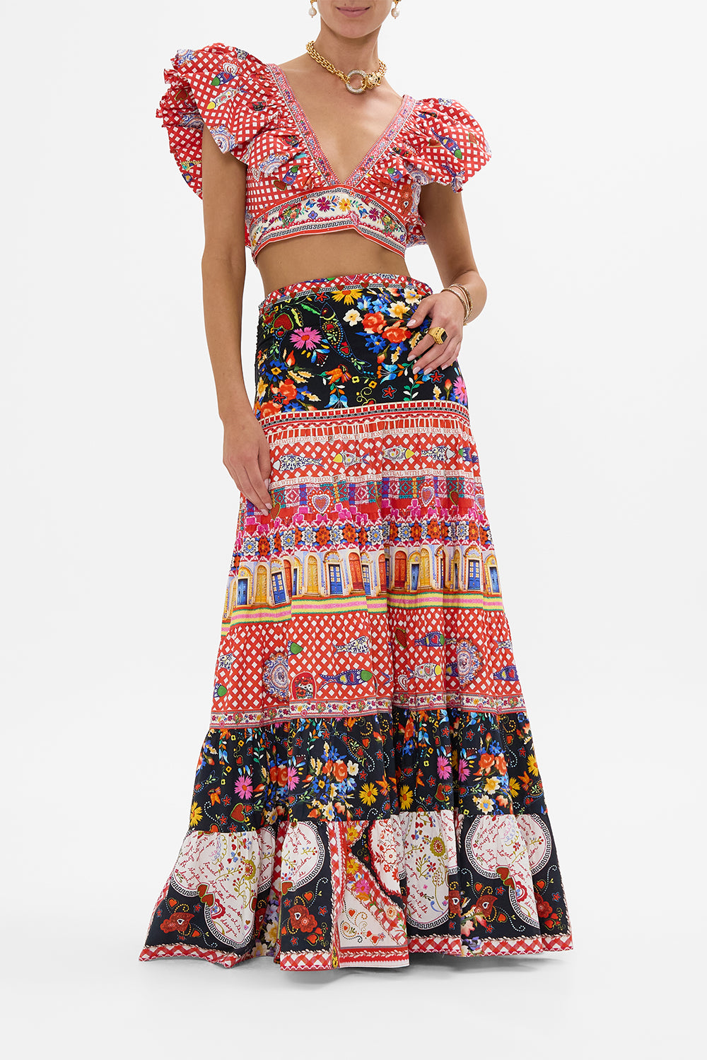 CAMILLA Ruffle Wrap Top in Faith, Luck & Justice print