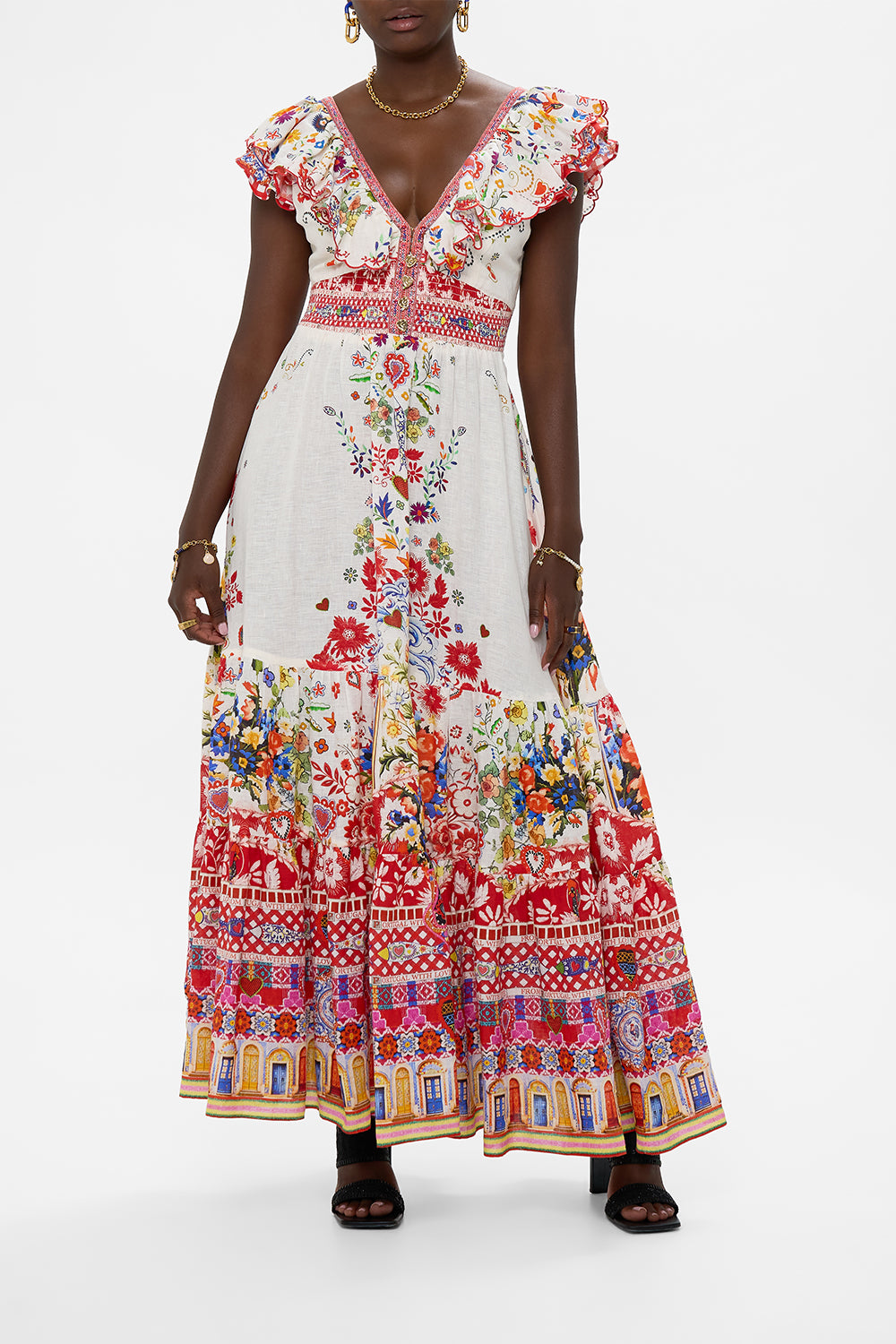 CAMILLA Tiered Dress With Neck Frill in Faith, Luck & Justice print