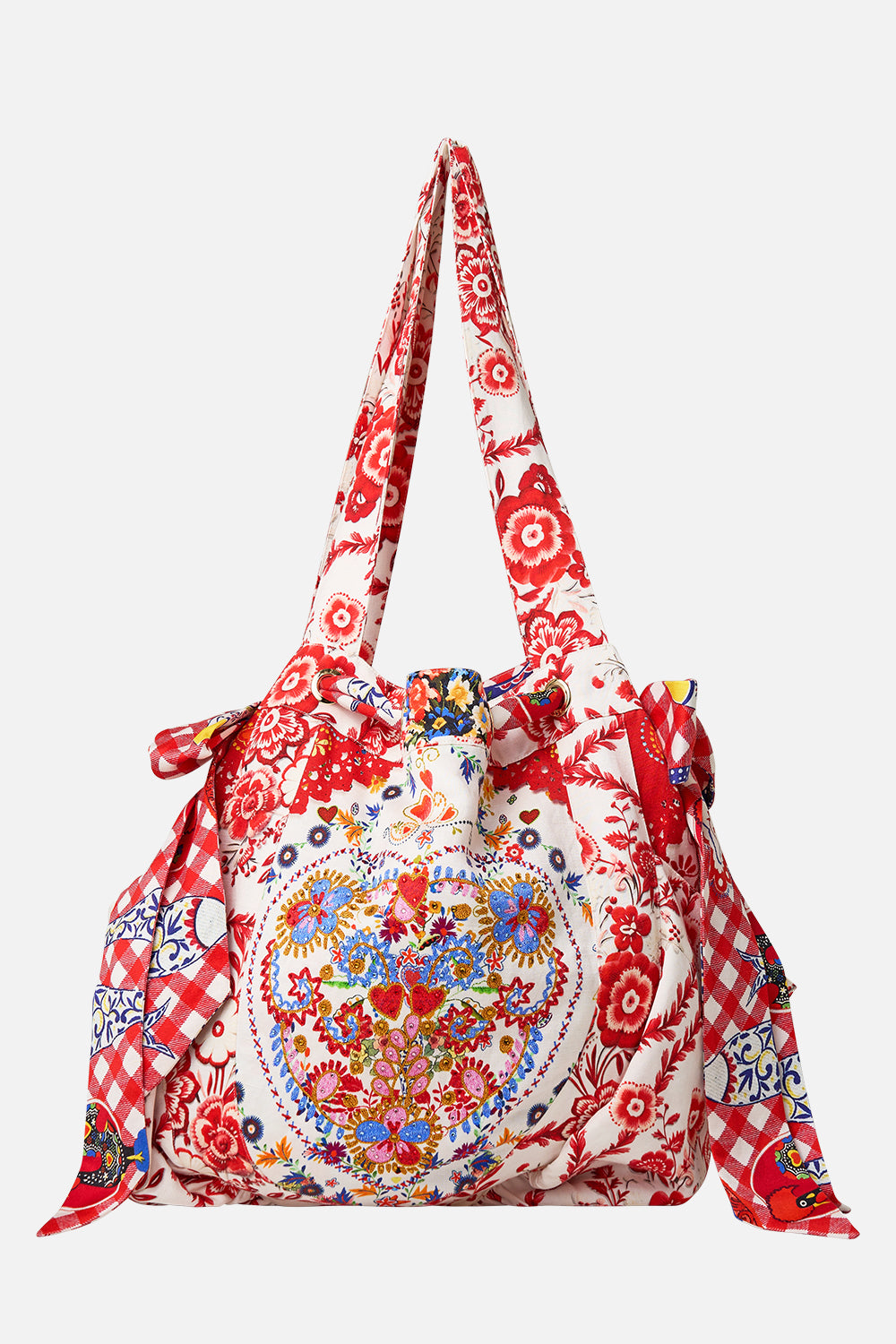 CAMILLA Drawstring Beach Bag in Faith, Luck & Justice print