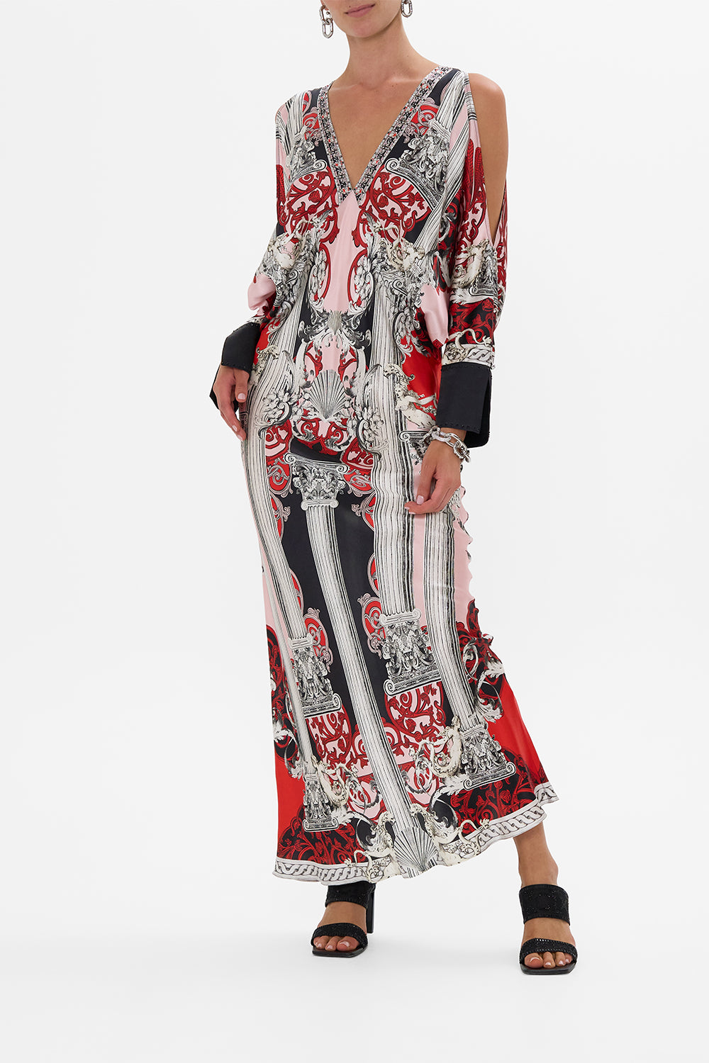 CAMILLA Plunge Neck Draped Shoulder Dress in Mark Of Medusa print