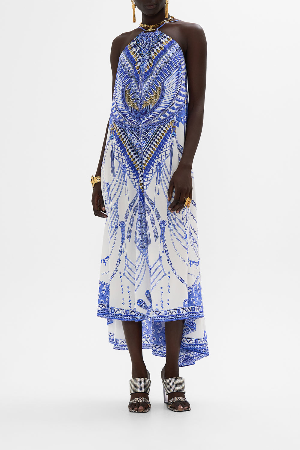 CAMILLA Gather Neck Hardware Maxi Dress in Dancing with Daylight Print.