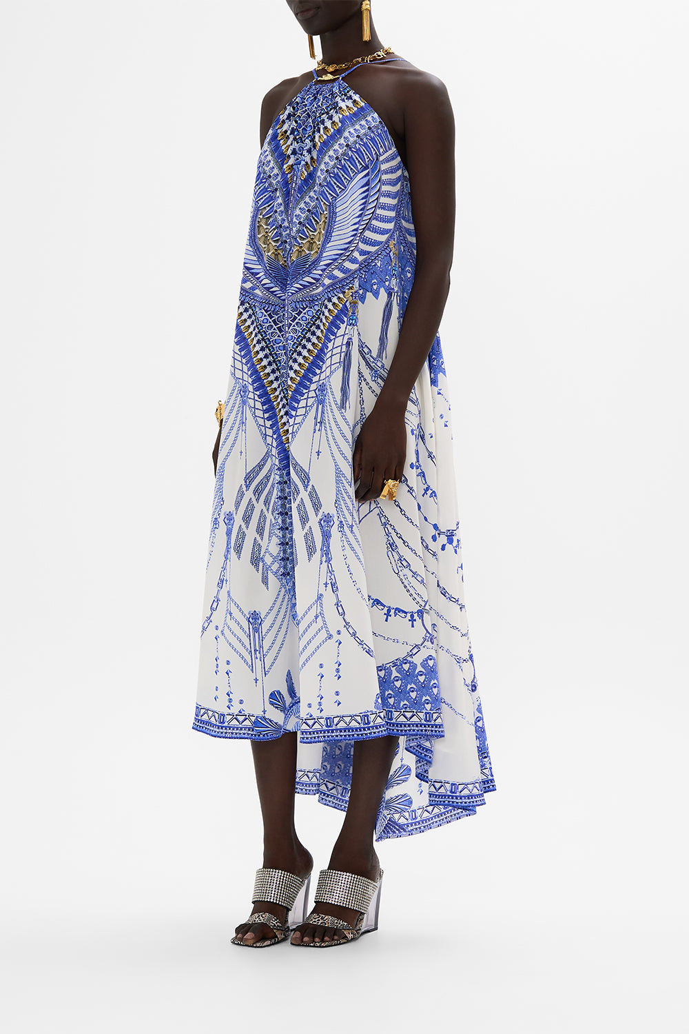 CAMILLA Gather Neck Hardware Maxi Dress in Dancing with Daylight Print.