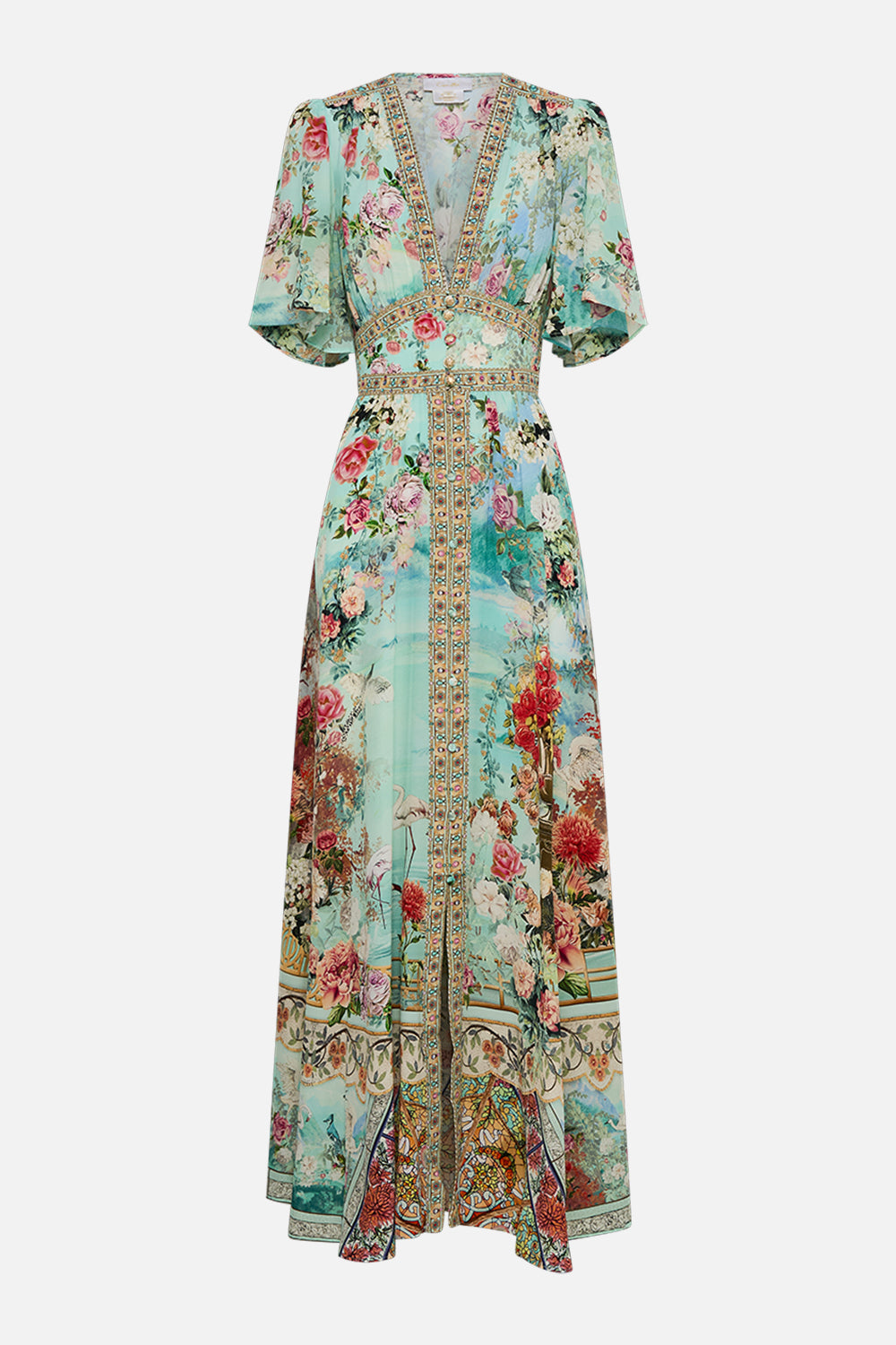 CAMILLA Shaped waistband dress with flutter sleeves in The jewellery museum print.
