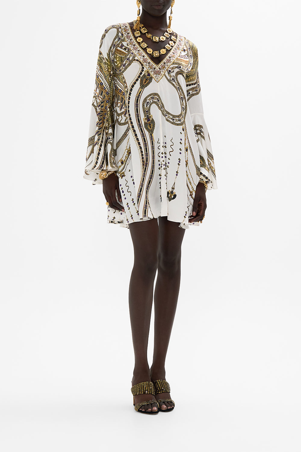 CAMILLA V-Neck Flared Sleeve Mini Dress in Goddess Energy print