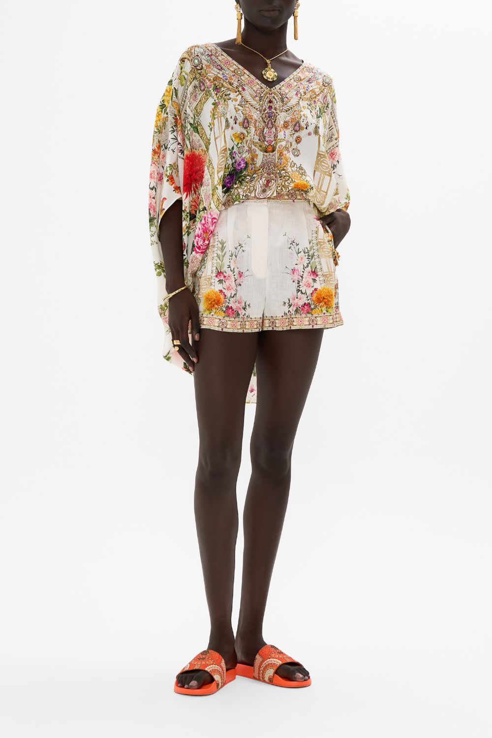 CAMILLA Rectangular v neck kaftan in Egyptian rose print.