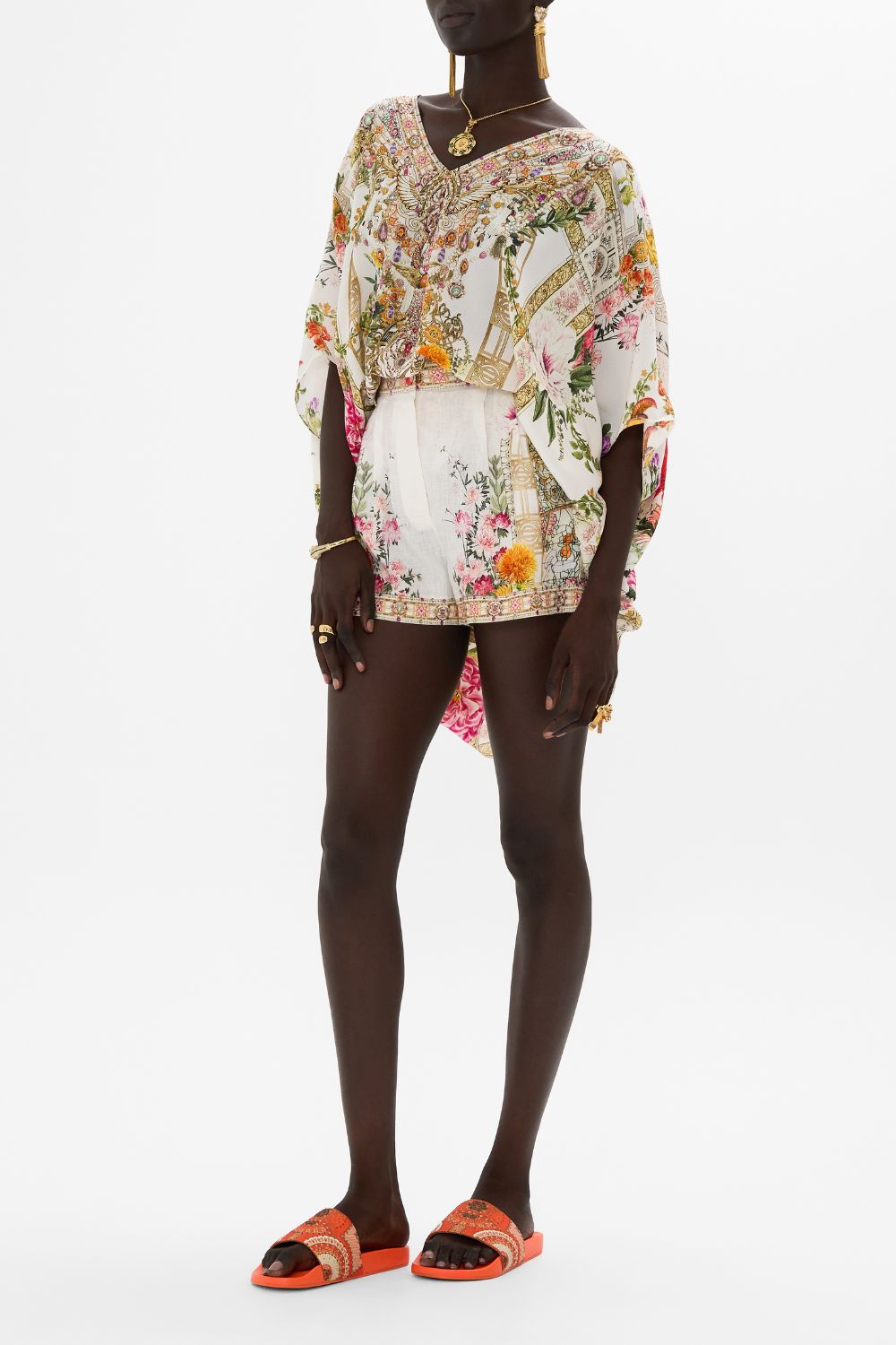 CAMILLA Rectangular v neck kaftan in Egyptian rose print.