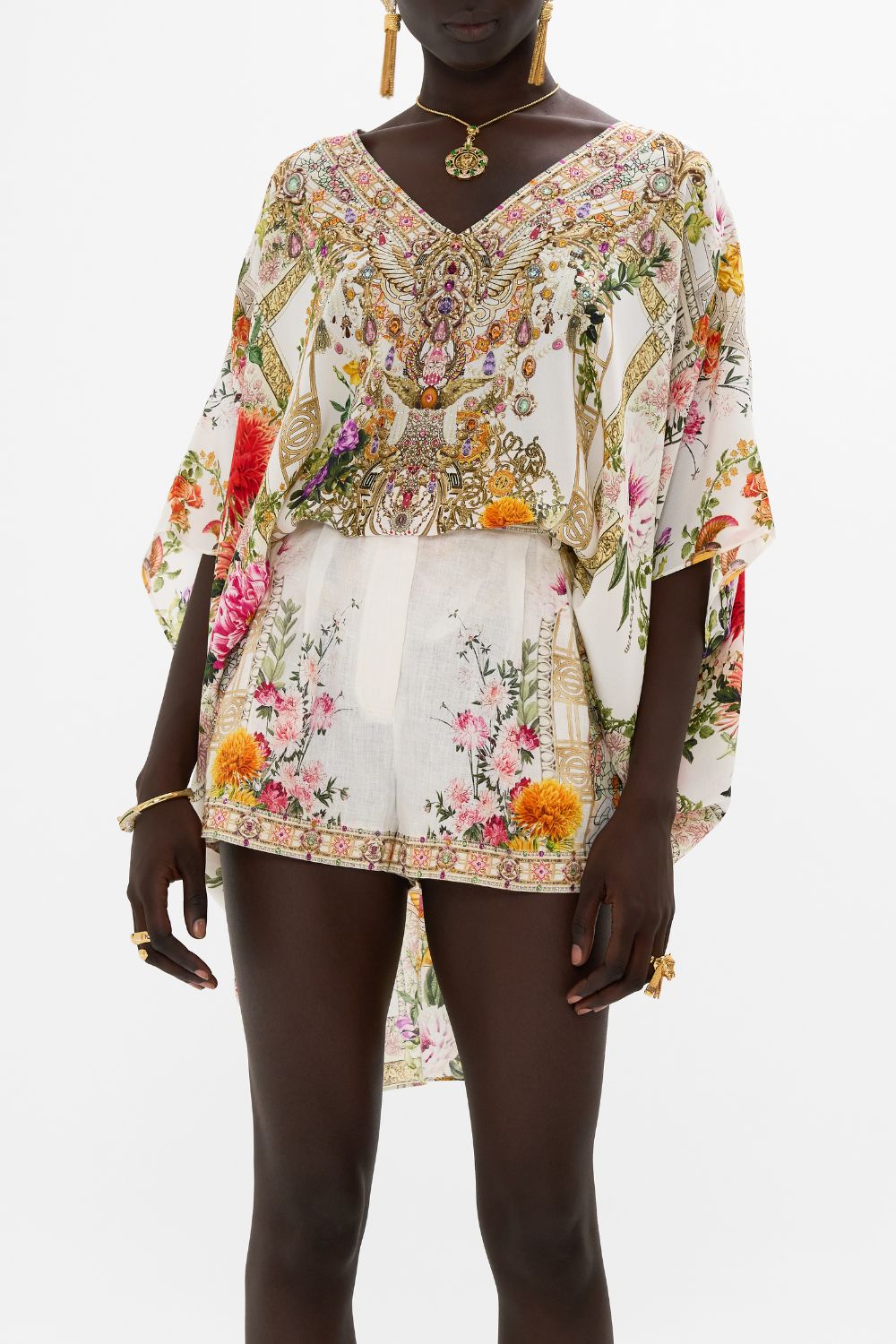 CAMILLA Rectangular v neck kaftan in Egyptian rose print.