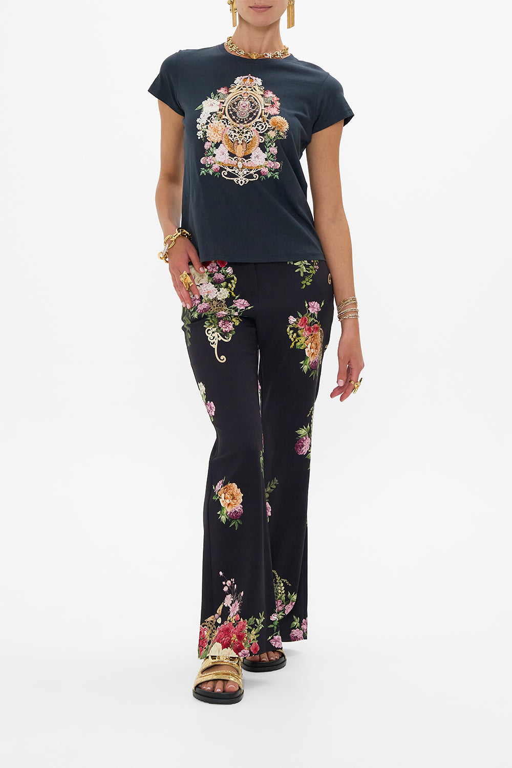 CAMILLA Slim Fit Round Neck T-Shirt - Blk/Multi in Adorned In Alexandria print