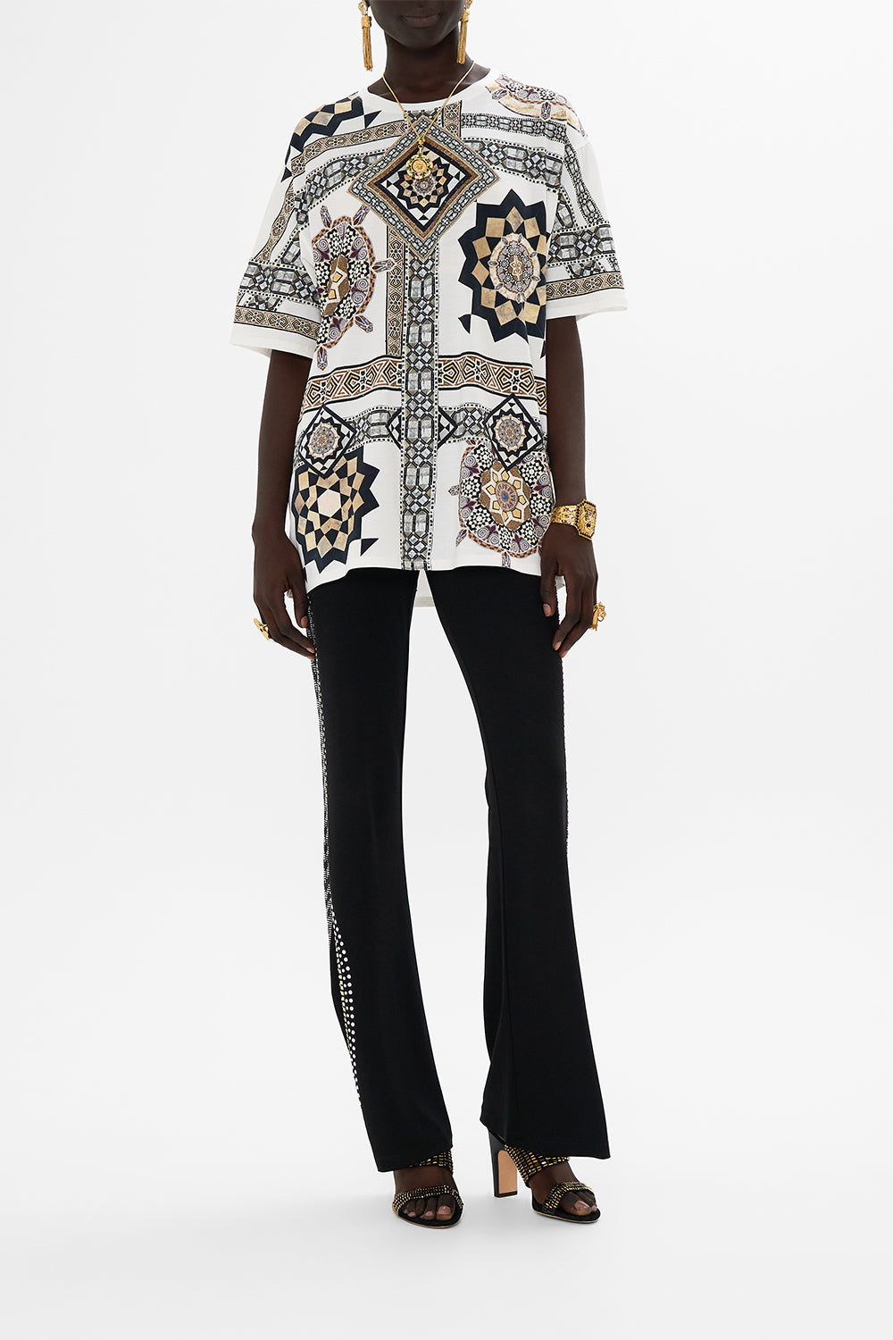 CAMILLA Oversized Band Tee in Whitemulti Tile Style Print.