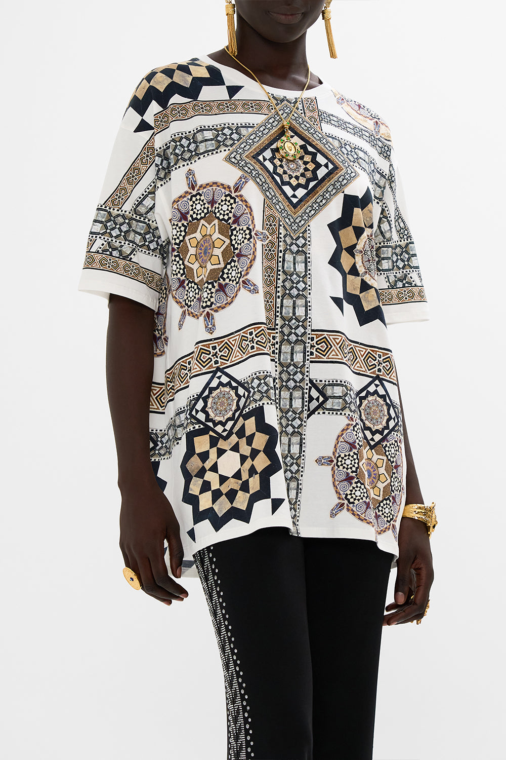 CAMILLA Oversized Band Tee in Whitemulti Tile Style Print.