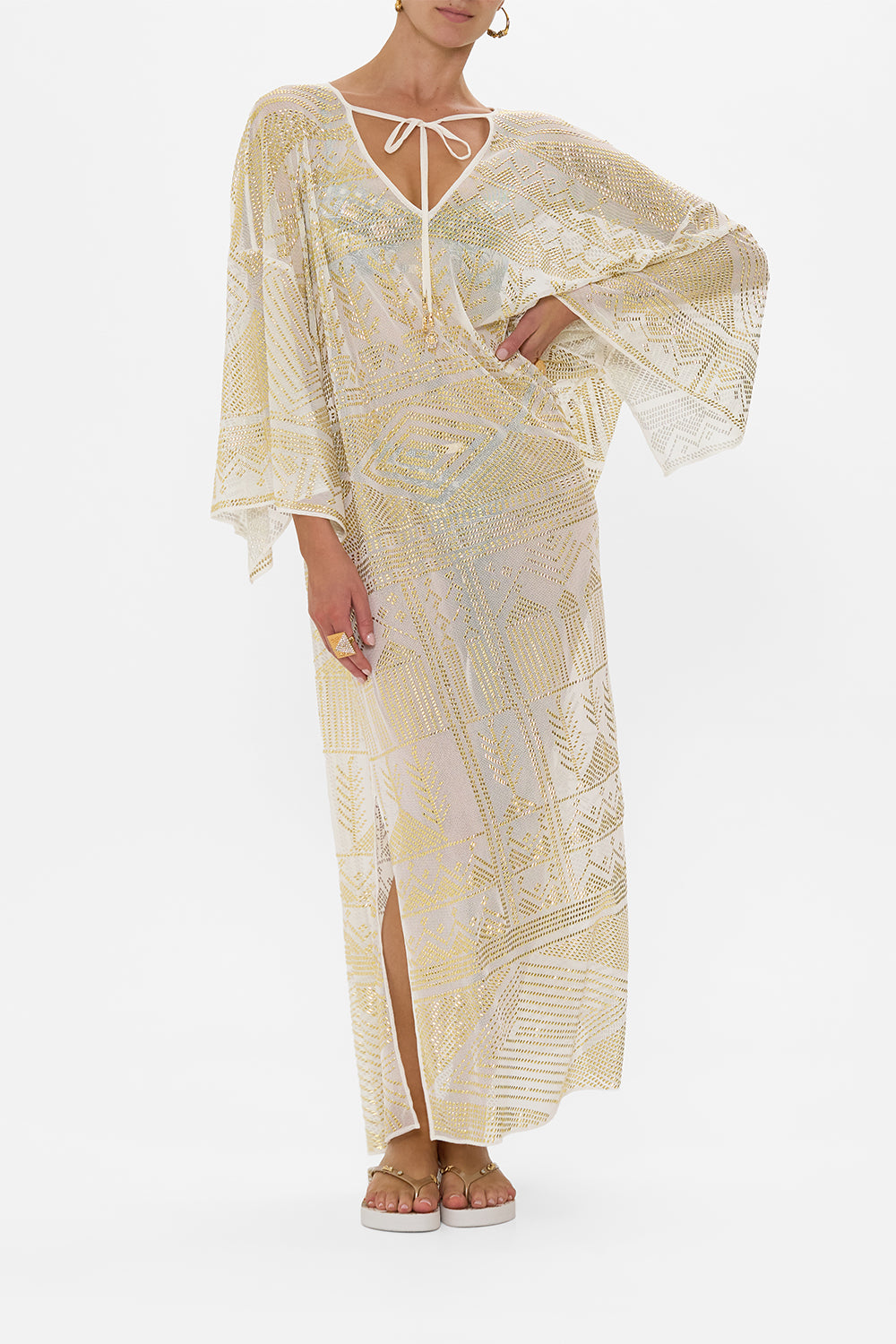 CAMILLA V Neck Kaftan With Ties in Temples Of Dendara print