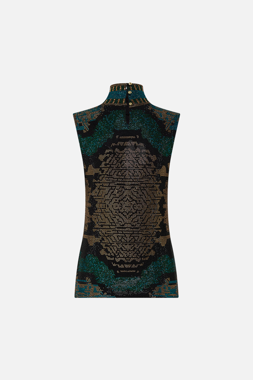 CAMILLA Sleeveless Jersey Turtleneck with Buttons in Other Side of the Oasis print.