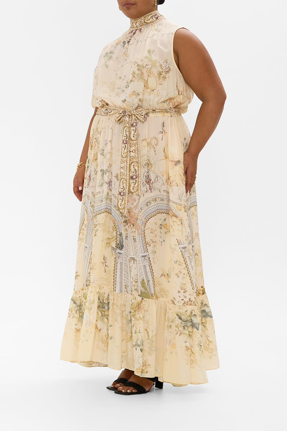 NECKTIE DRESS WITH ELASTICATED WAIST ADORNED IN ANTIQUITY