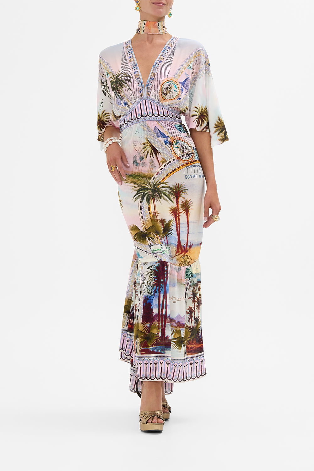 CAMILLA waisted dress with hem ruffle in Call Me in Cairo print.