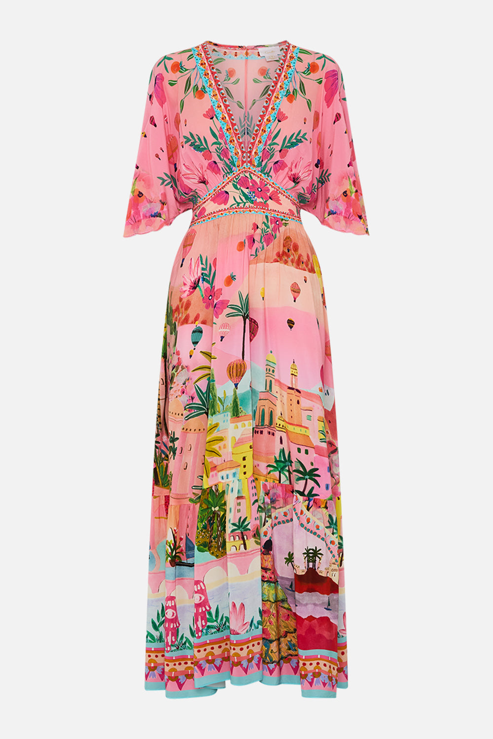 CAMILLA Waisted Dress with Hem Ruffle in Sister Sunet print.