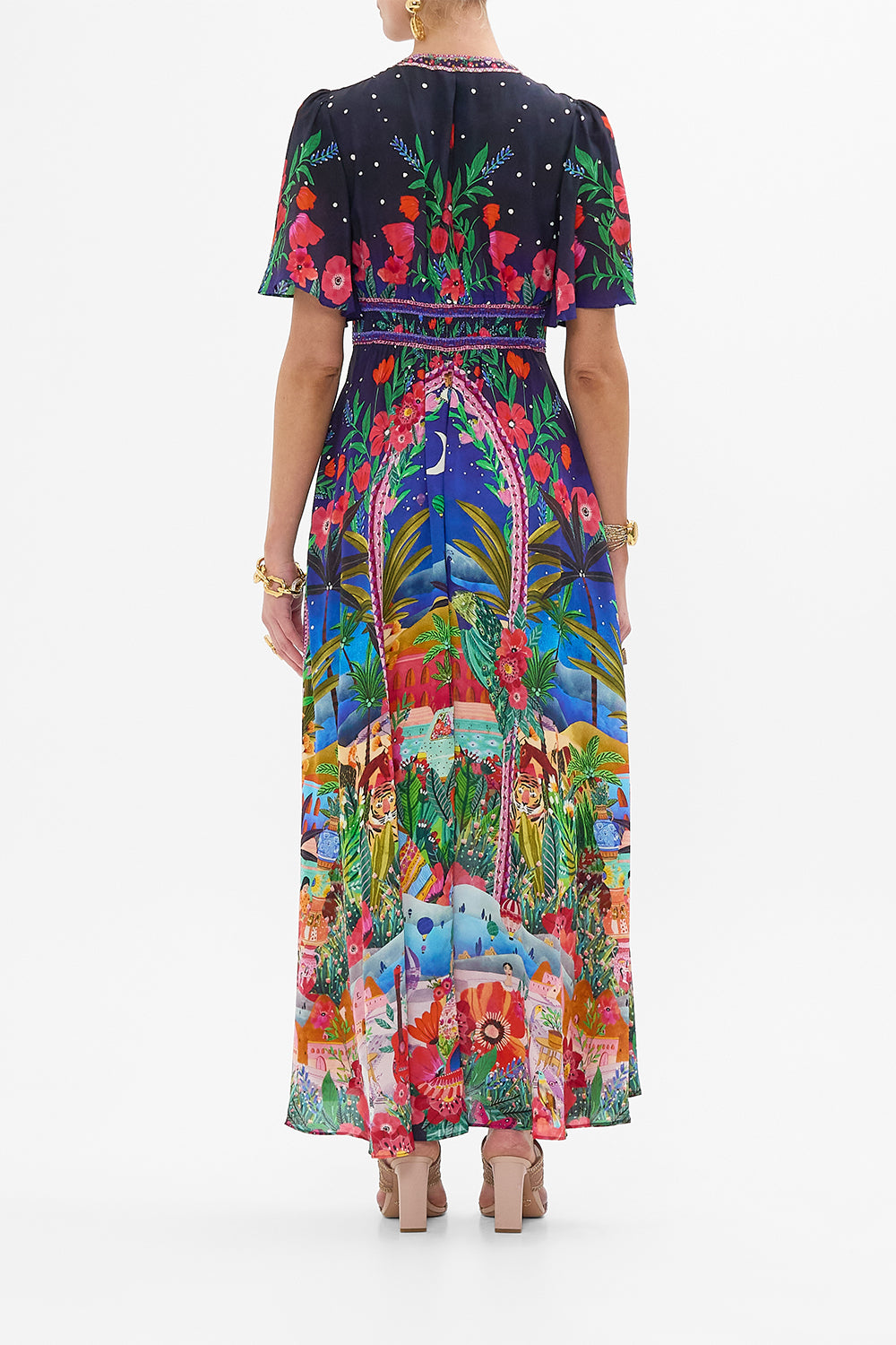 CAMILLA Shaped Waistband Dress with Flutter Sleeves in Midnight Muses print