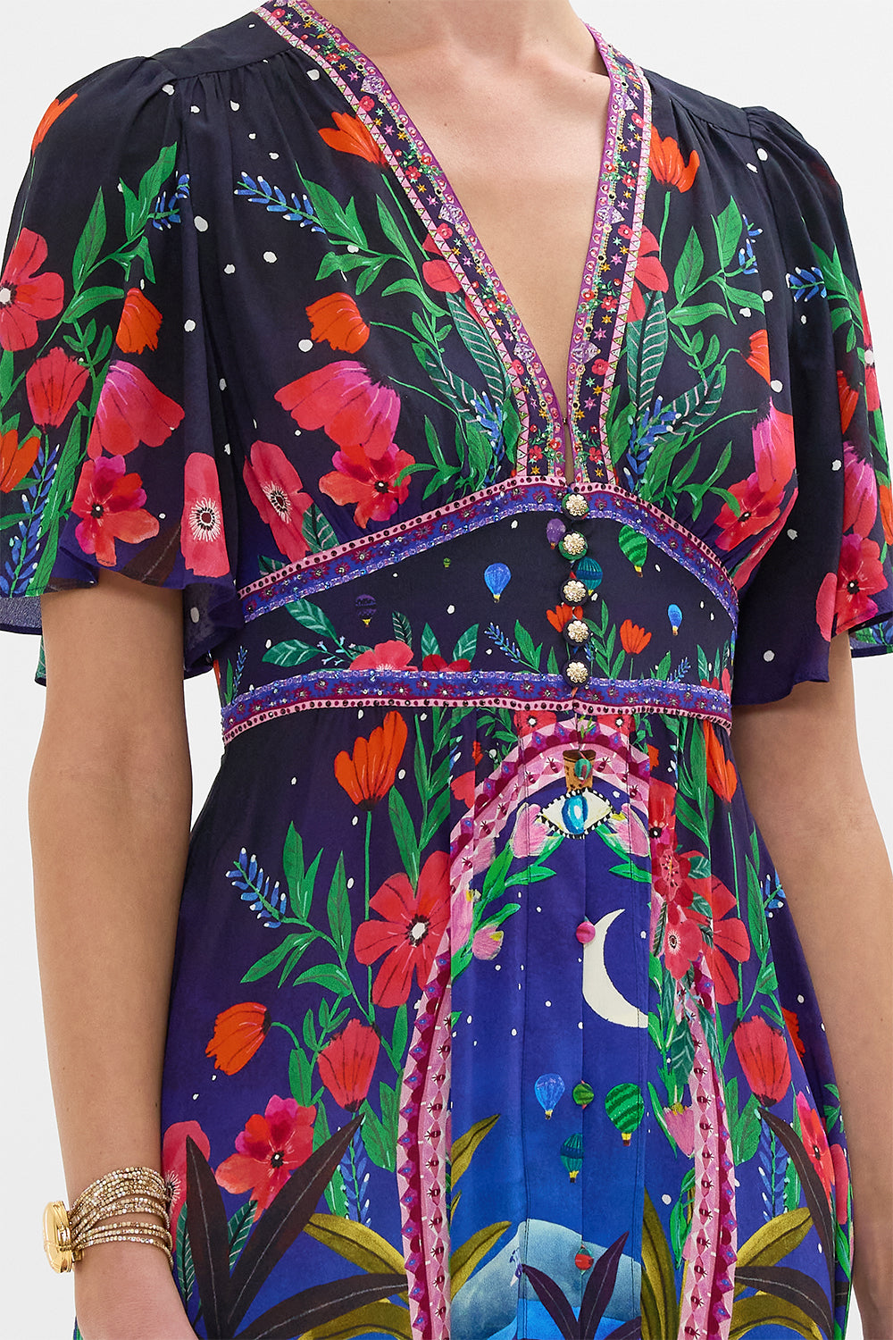 CAMILLA Shaped Waistband Dress with Flutter Sleeves in Midnight Muses print