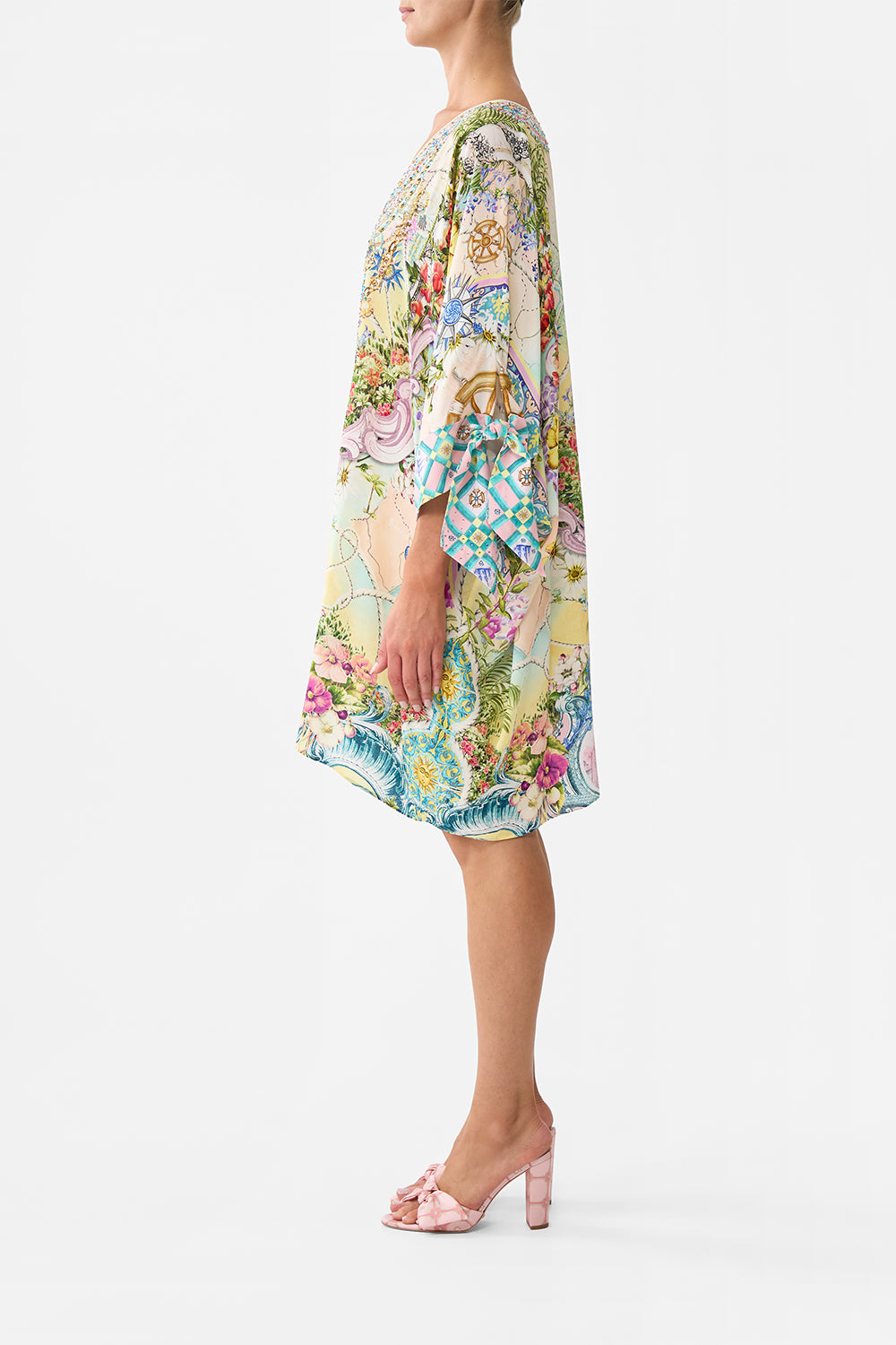 The CAMILLA Tie Sleeve Short V Neck Kaftan in our Just Coasting print.