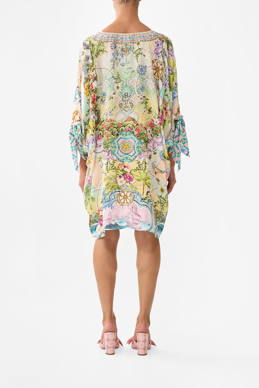 The CAMILLA Tie Sleeve Short V Neck Kaftan in our Just Coasting print.