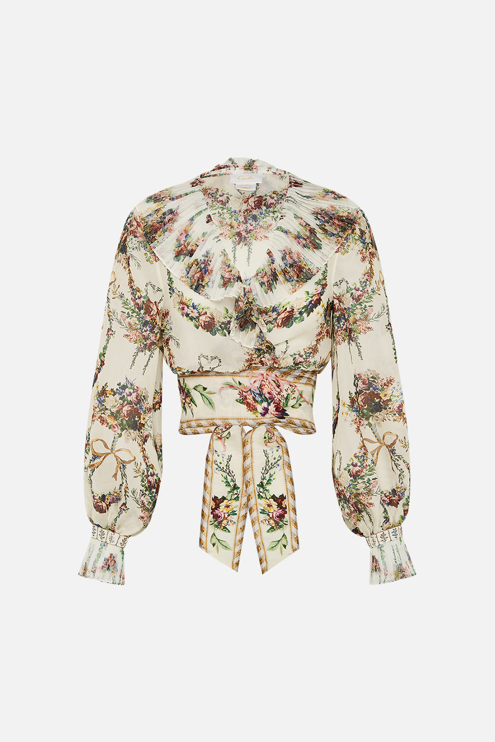 The CAMILLA Cropped Wrap Top With Pleated Detail in our Dressing Room Drama print.