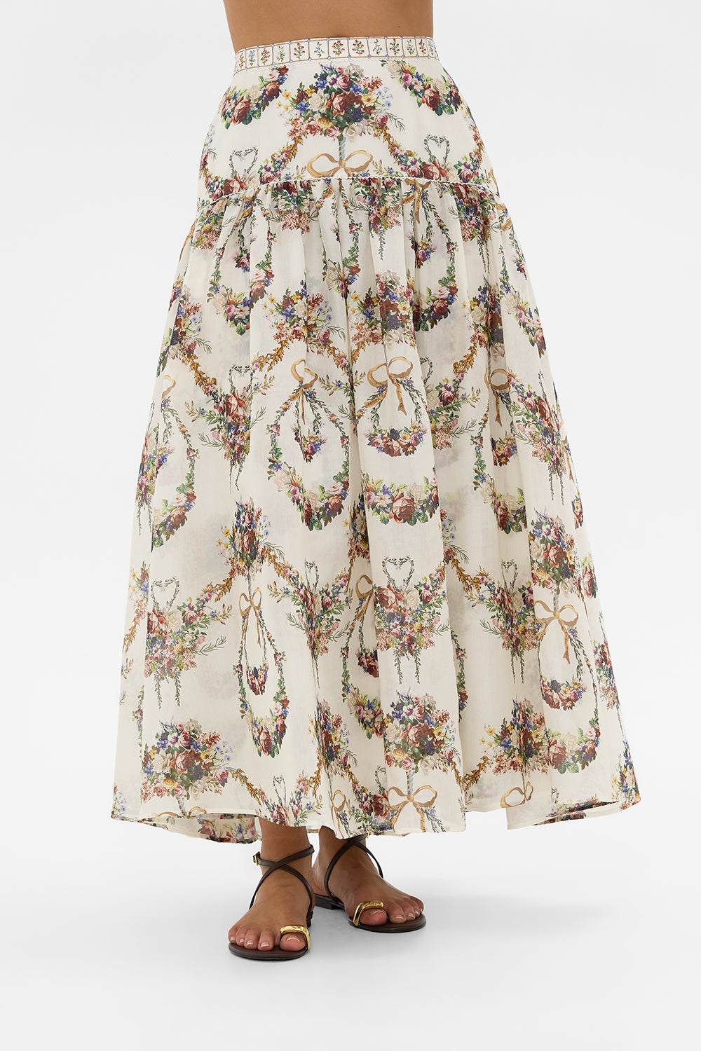 The CAMILLA Fitted Waist Gathered Skirt With Lining in our Dressing Room Drama print.