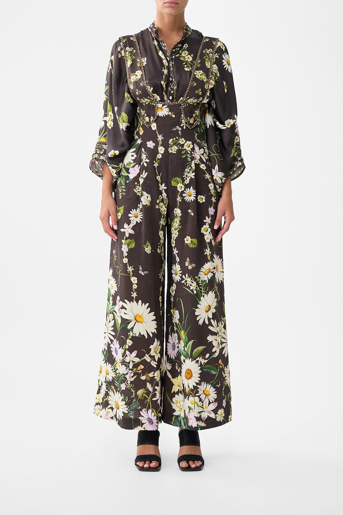 The CAMILLA Detachable Strap Wide Leg Jumpsuit in our Dish It, Daisy print.