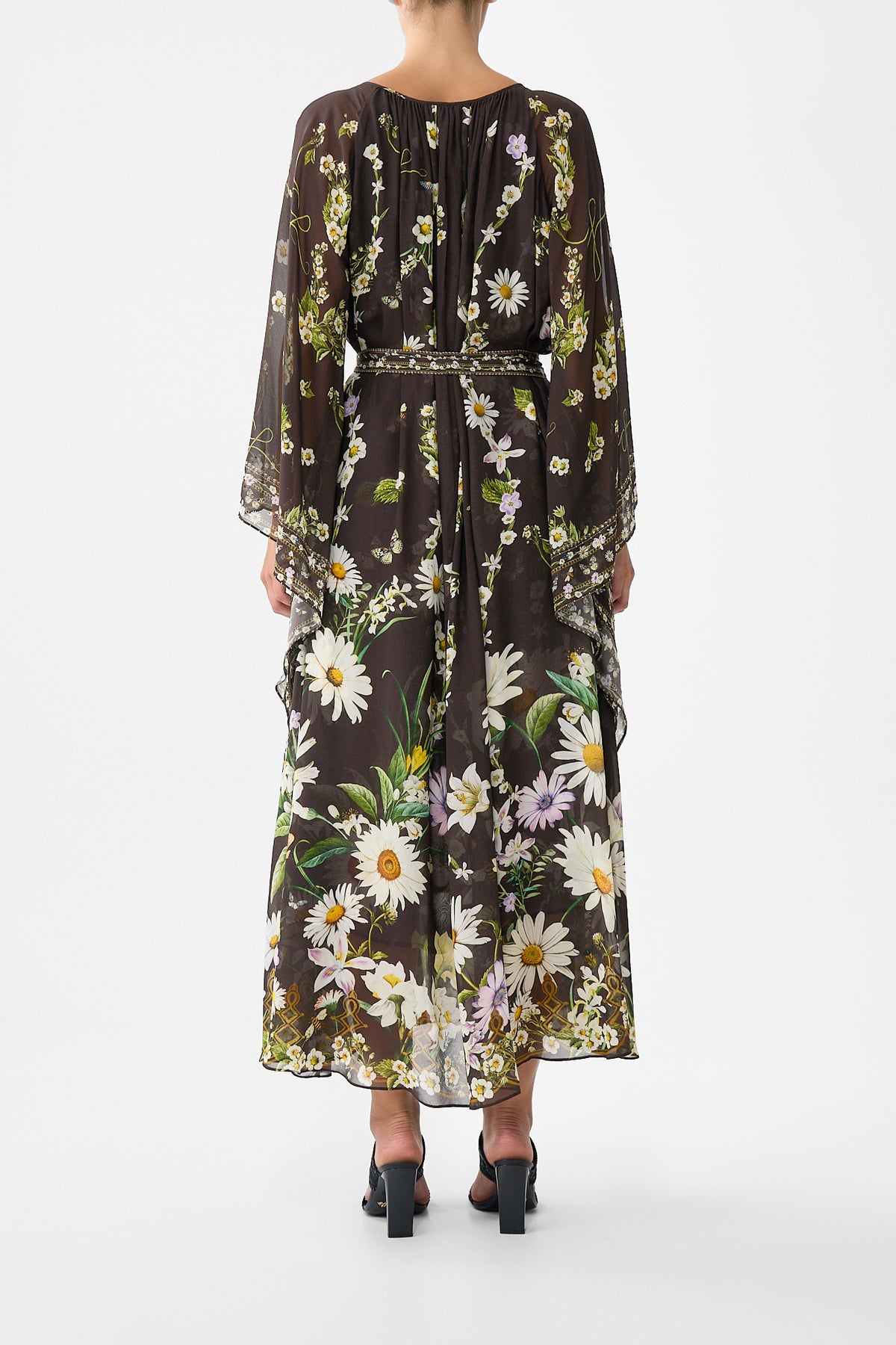 The CAMILLA Long Dress With Handkerchief Sleeve in our Dish It, Daisy print.