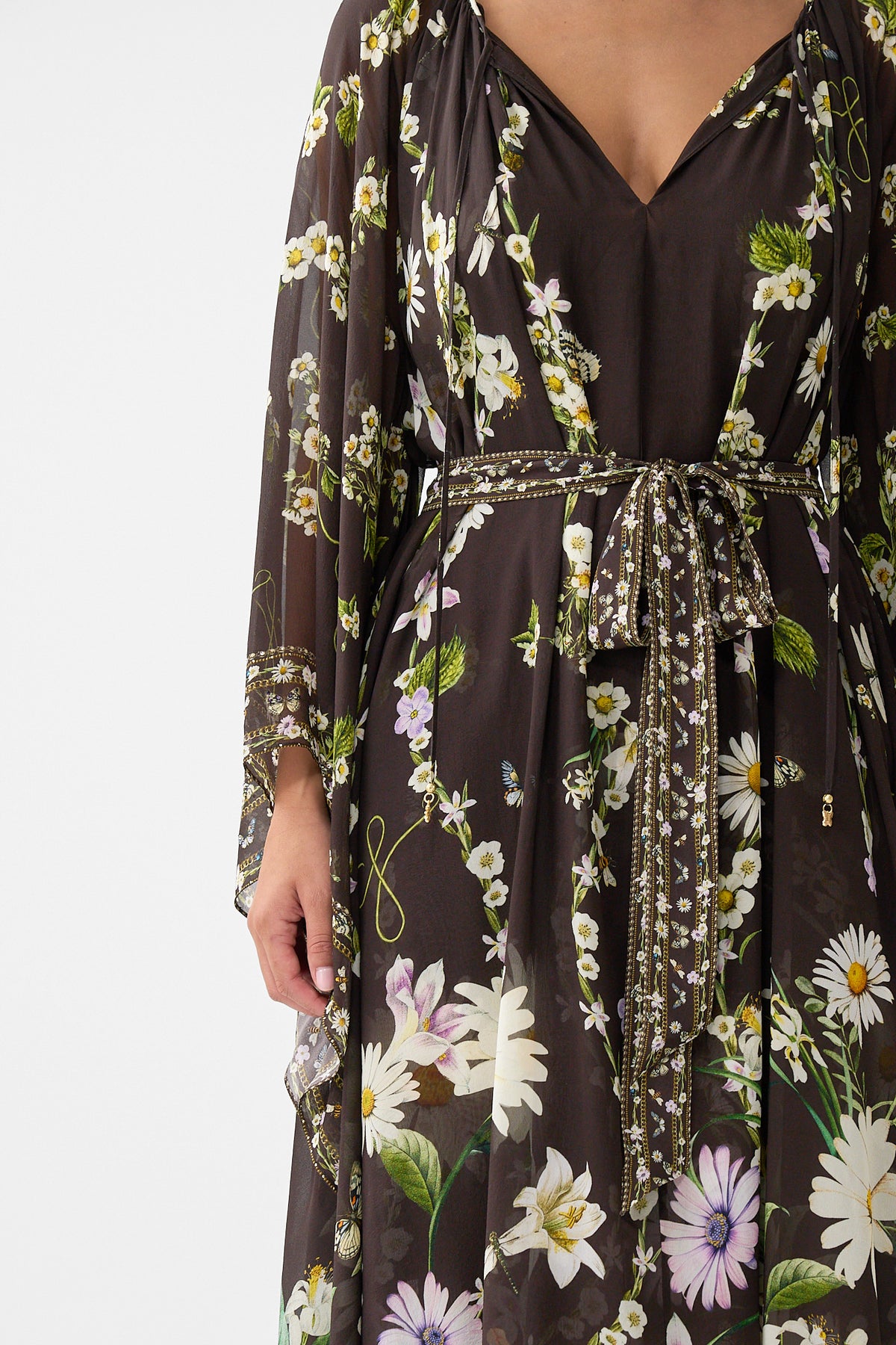 The CAMILLA Long Dress With Handkerchief Sleeve in our Dish It, Daisy print.
