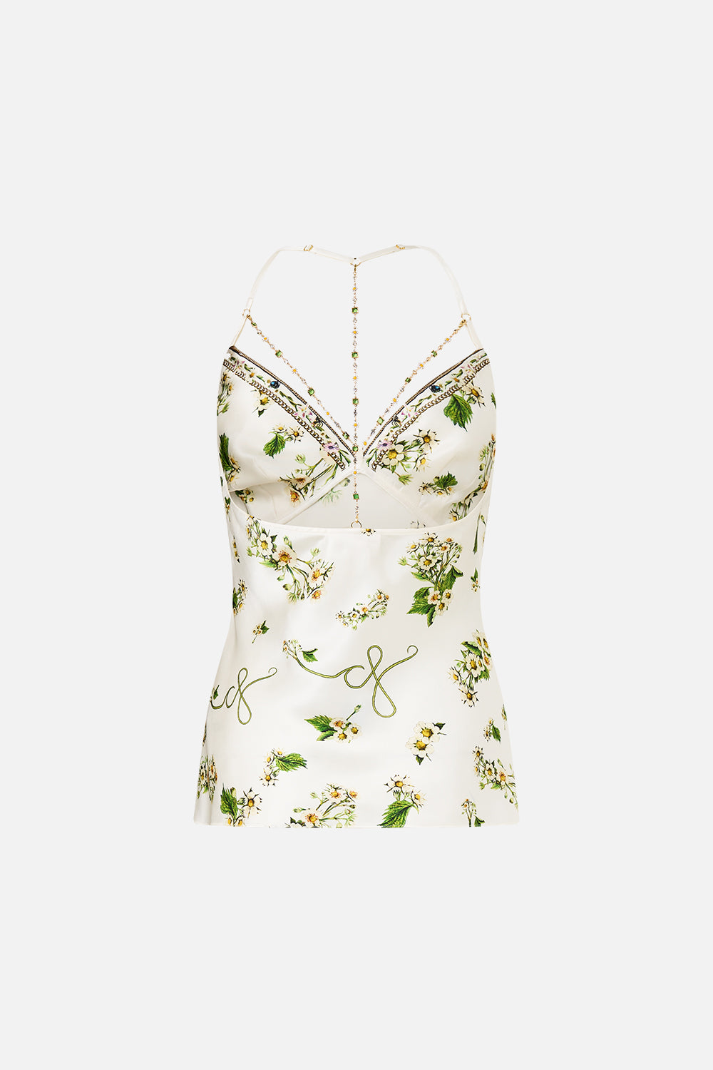 The CAMILLA Chain Detail Bias Cami in our Botanical Utopia print.