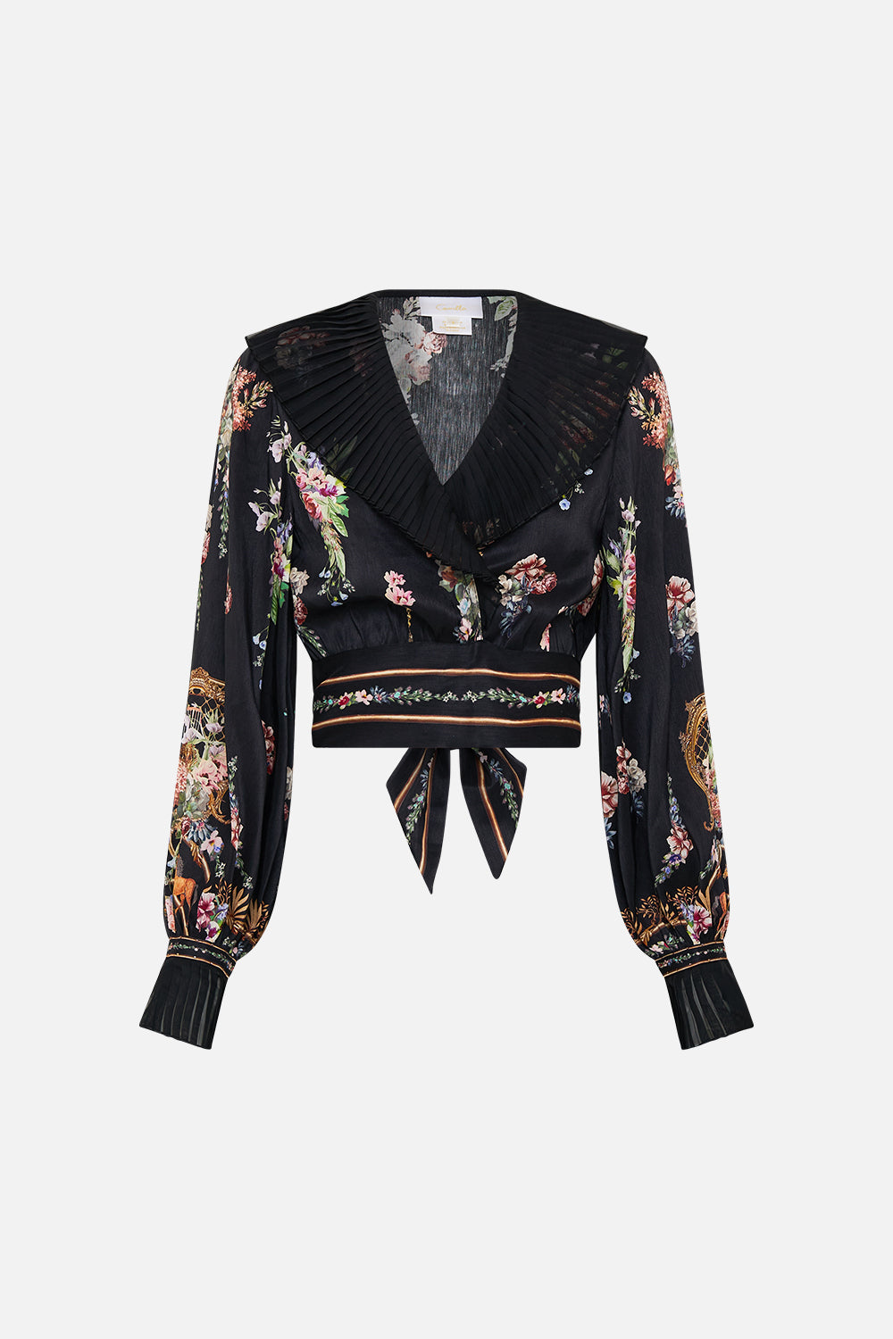 The CAMILLA Cropped Wrap Top With Pleated Detail in our Noble Endeavours print.