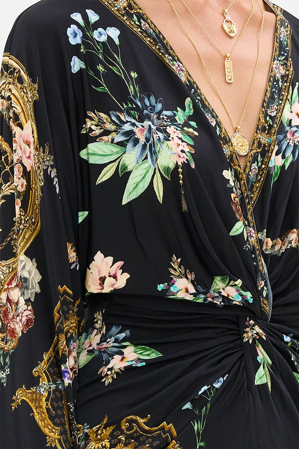 The CAMILLA Long Split Front Twist Dress in our Noble Endeavours print.