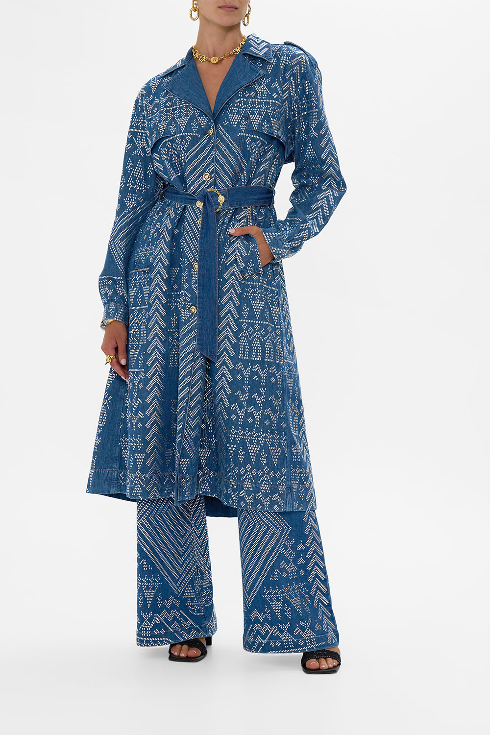 CAMILLA Desert Reign Longline Belted Trench Coat in Denim print